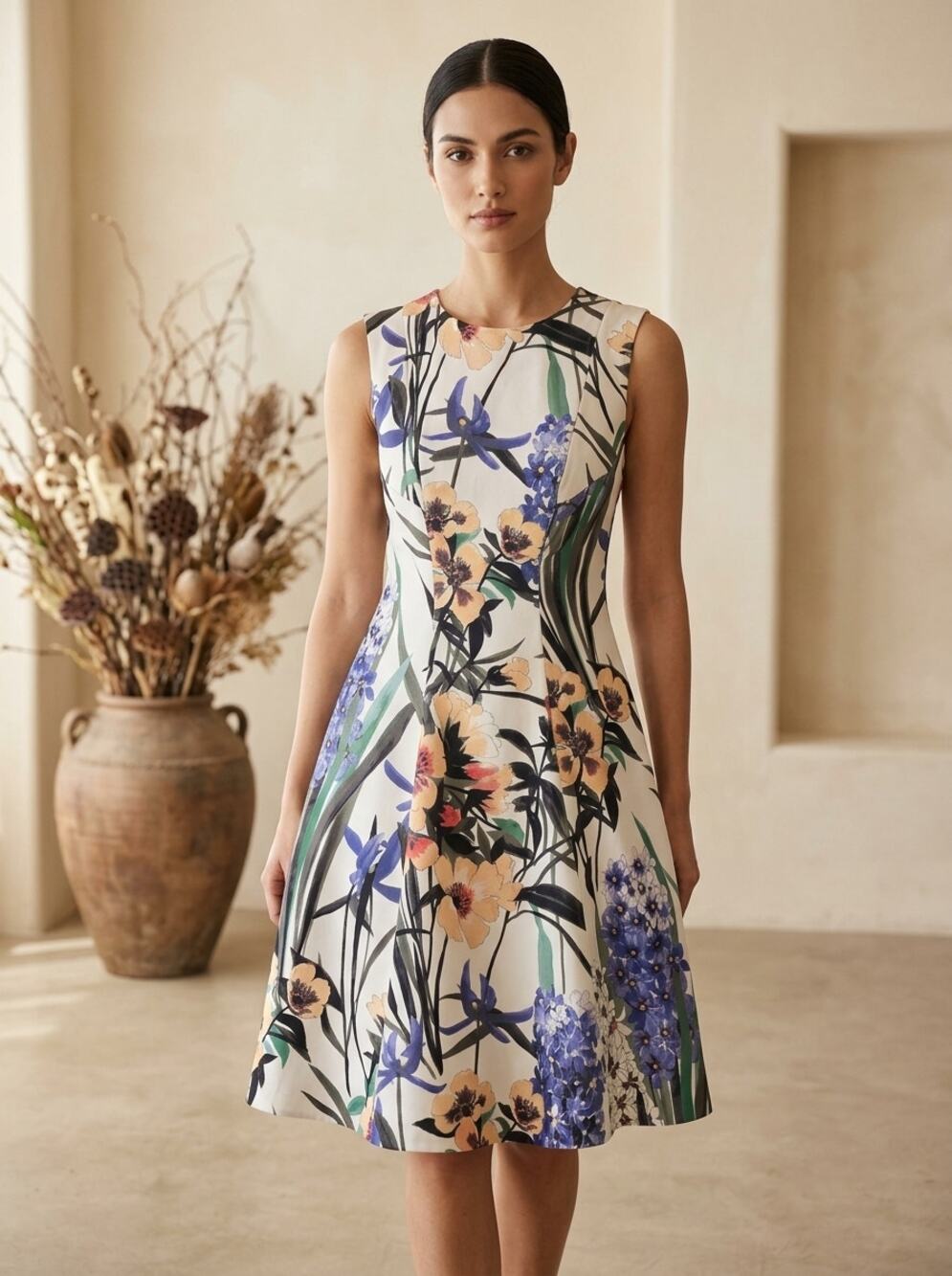 Tommy Hilfiger A-Line Dress Womens White Floral Botanical Sleeveless Mini Medium